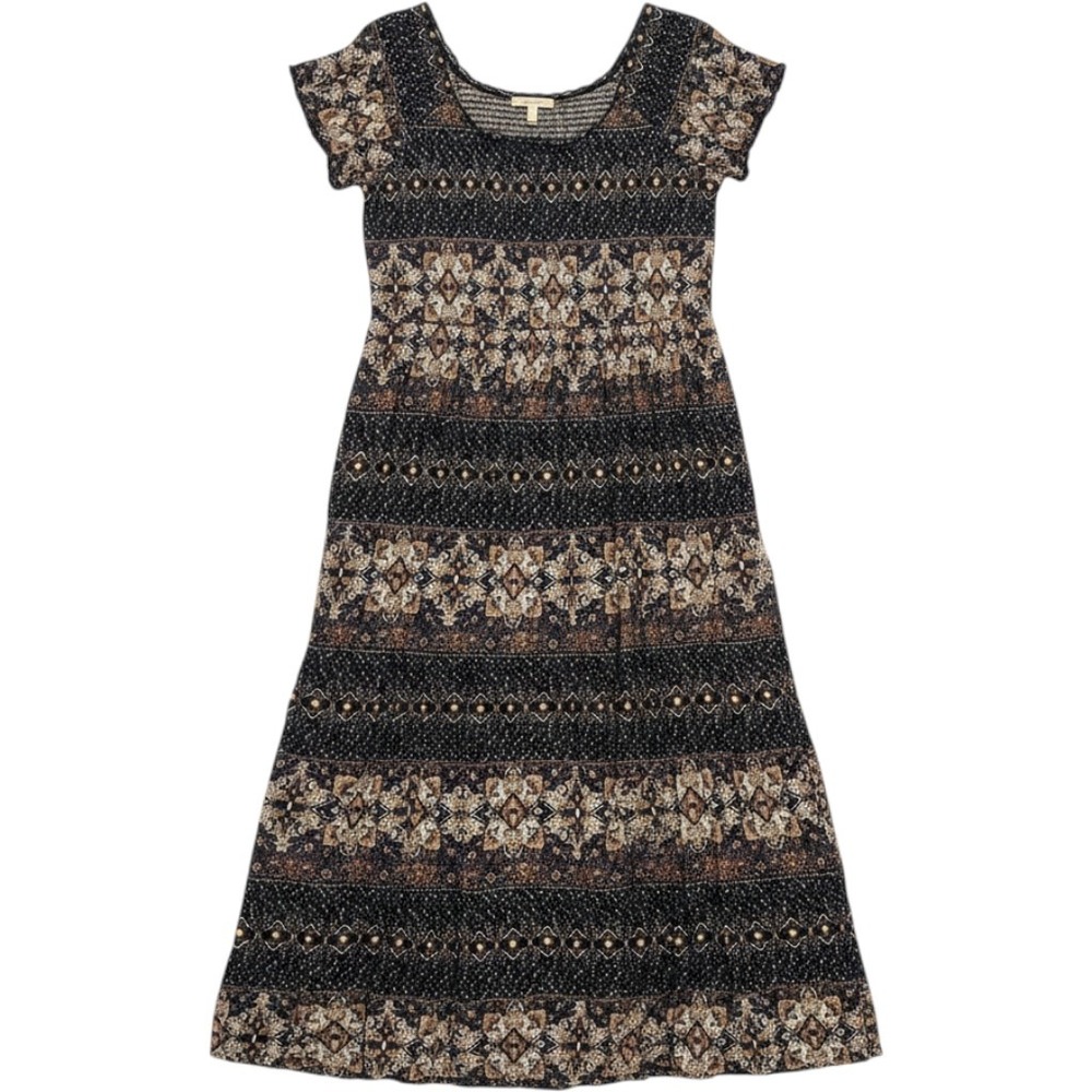 Soft Surroundings Boho Smocked Paisley Midi Dress Blue Pink Short Sleeve Medium